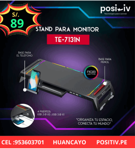 Stand para monitor RGB multipropósito TEROS TE-7131N, 4 puertos USB