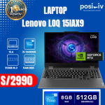 LAPTOP LENOVO LOQ 15IAX9. Ci5-12450HX, 8GB DDR5, SSD 512GB, RTX 3050, 15.6"