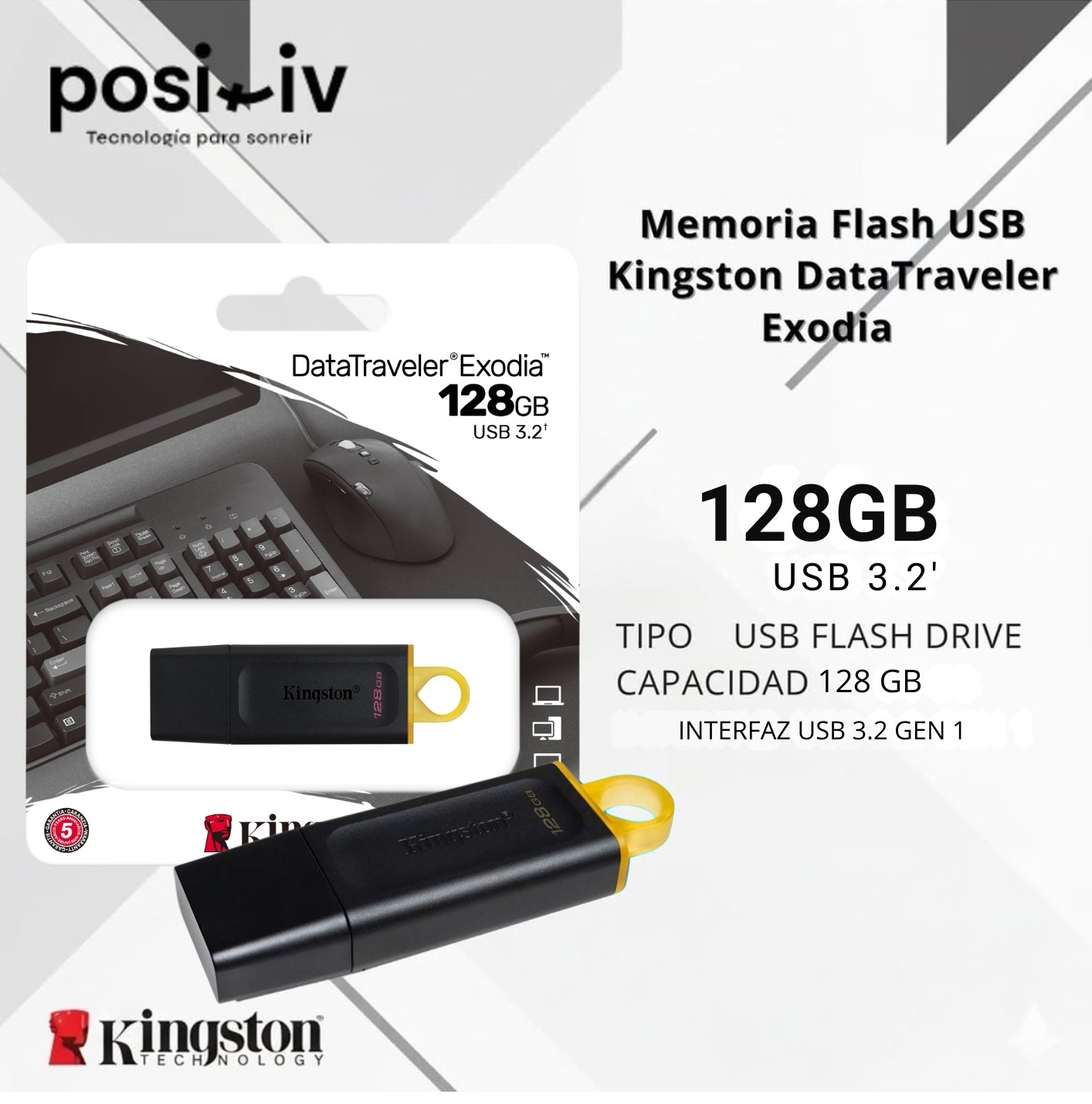 128 GB(1) Memoria Flash USB Kingston DataTraveler Exodia 128GB, USB 3.2 Gen 1 - Imagen 1